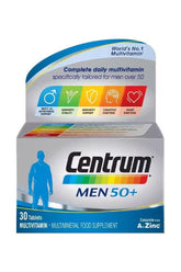 Centrum Men 50+ multivitamin box with 30 tablets, designed to support men’s health over 50.