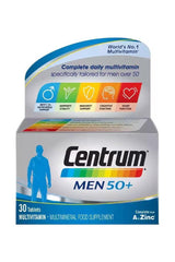 Centrum Men 50+ multivitamin box with 30 tablets, designed to support men’s health over 50.