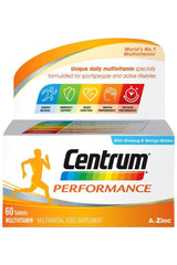 Centrum Performance multivitamin box, supports active lifestyles with essential vitamins, ginseng, and ginkgo biloba.