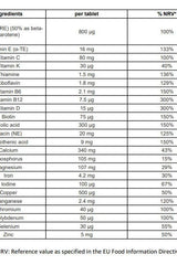 Supplement facts table for Centrum Women 50+, detailing vitamins and minerals per tablet.