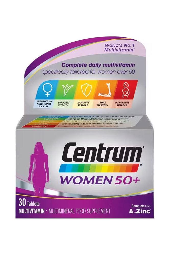 Centrum Women 50+ multivitamin box featuring benefits for women over 50 and 30 tablets.