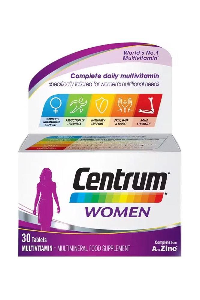 Centrum Women multivitamin box with illustrated benefits for women's health, featuring 30 tablets.