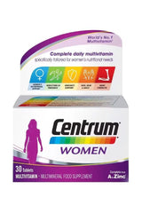 Centrum Women multivitamin box with illustrated benefits for women's health, featuring 30 tablets.