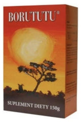 Borututu dietary supplement box, 150g, featuring a vibrant sunset and tree design, promoting health benefits.