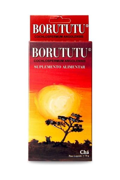 Borututu herbal supplement packaging featuring the Cochlospermum angolensis tree and vibrant sunset design.