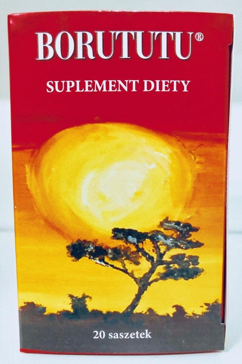 Borututu dietary supplement box with 20 sachets, featuring a sunset and tree design.
