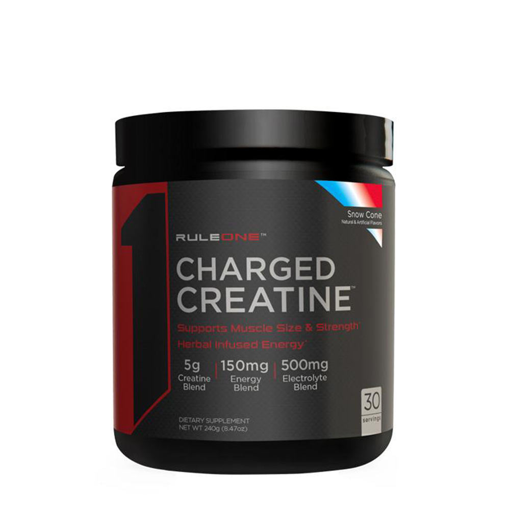 R1 Charged Creatine supplement container for muscle performance and energy support.