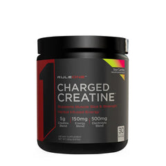 Rule One Charged Creatine supplement container for muscle performance and endurance support.