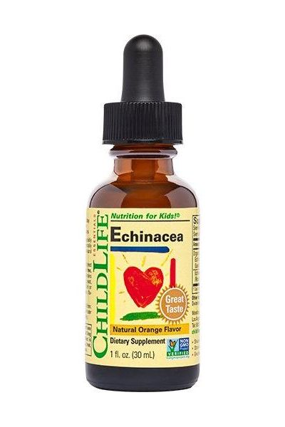 Child Life Echinacea dietary supplement for kids, natural orange flavor, 1 fl oz bottle.