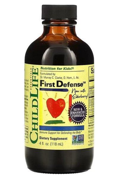 ChildLife Essentials First Defense immune support supplement for kids, 4 oz bottle with blueberry flavor.