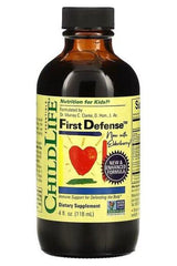 ChildLife Essentials First Defense immune support supplement for kids, 4 oz bottle with blueberry flavor.