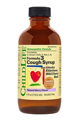 Child Life Formula 3 Cough Syrup bottle, made with elderberry, cherry bark, and buckwheat honey. Natural berry flavor.