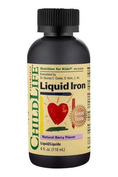 ChildLife Essentials Liquid Iron supplement bottle, natural berry flavor, 4 oz, promotes healthy blood cell function.