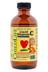 Child Life Liquid Vitamin C dietary supplement for kids, 4 oz bottle, natural orange flavor, immune system support.