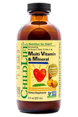 Child Life Multi Vitamin & Mineral bottle, essential nutrients for kids, gluten-free dietary supplement.