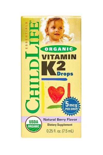 Child Life Organic Vitamin K2 Drops box with berry flavor, promoting children's bone health and calcium transport.