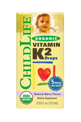 Child Life Organic Vitamin K2 Drops box with berry flavor, promoting children's bone health and calcium transport.