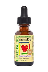 Child Life Vitamin D3 dietary supplement for kids in natural berry flavor, 1 oz bottle.