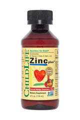 Child Life Zinc Plus liquid dietary supplement for kids, mango-strawberry flavor, 4 oz bottle.