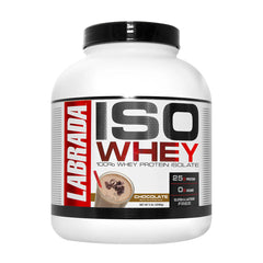 Labrada ISO Whey protein isolate in chocolate flavor, 25g protein, low sugar, gluten and lactose free.