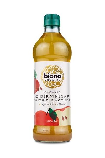 Biona Organic cider vinegar bottle, 500ml, unfiltered, rich in enzymes, promotes healthy digestion.