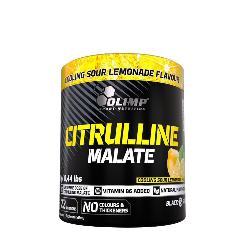 Olimp Citrulline Malate powder container with lemon flavor for pre-workout endurance and strength.