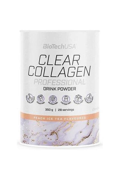 BioTech USA Clear Collagen Professional drink powder in peach ice tea flavor, 350g with 28 servings.