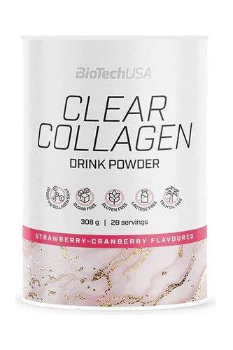 BioTech USA Clear Collagen drink powder in strawberry-cranberry flavor, gluten-free and sugar-free, 28 servings.