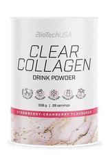 BioTech USA Clear Collagen drink powder in strawberry-cranberry flavor, gluten-free and sugar-free, 28 servings.