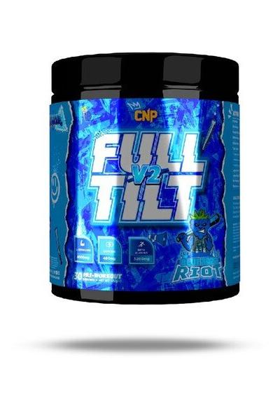 CNP Full Tilt V2 Pre-Workout container featuring blue design and energizing graphics.