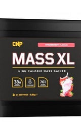 CNP Mass XL high calorie mass gainer in strawberry flavor, 24 servings, 38g protein per serving.