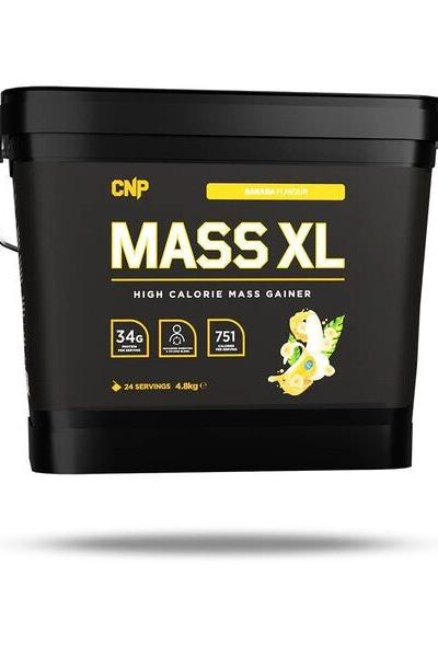 CNP Mass XL high calorie mass gainer with banana flavor, providing 34g protein and 751 calories per serving.