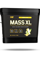 CNP Mass XL high calorie mass gainer with banana flavor, providing 34g protein and 751 calories per serving.