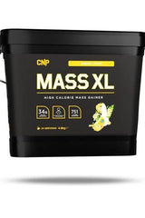 CNP Mass XL high calorie mass gainer with banana flavor, providing 34g protein and 751 calories per serving.