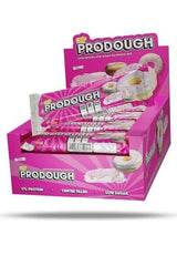 CNP ProDough protein bars with doughnut design, showcasing high protein, low sugar, and center-filled, in vibrant packaging.