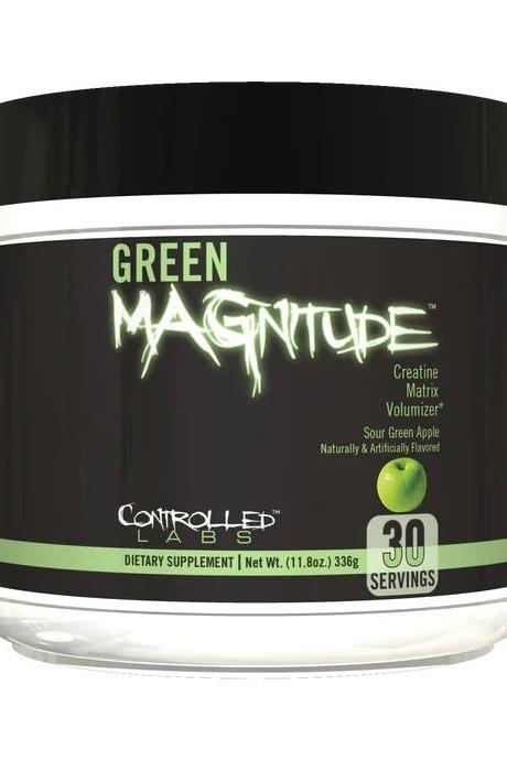 Controlled Labs Green MAGnitude Sour Green Apple supplement, 336g, for muscle volume and energy during workouts.