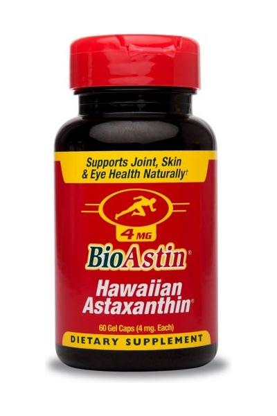 BioAstin Hawaiian Astaxanthin dietary supplement bottle, supports joint, skin, and eye health.