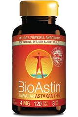 BioAstin Astaxanthin supplement bottle for eye, skin, and joint health with 120 soft gels.