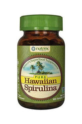 Nutrex Hawaiian Spirulina supplement bottle, 100 tablets for immune support and nutrition.