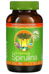 Cyanotech Co Hawaiian Spirulina 500mg supplement bottle with 400 tablets for immune support and weight control.