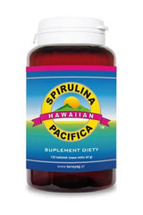 Cyanotech Kenay Spirulina Pacifica dietary supplement bottle with 120 tablets for health benefits.