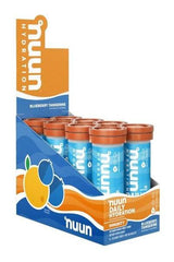 Nuun Daily Hydration Immunity packaging with blueberry tangerine effervescent tablets, 8 tubes in display.