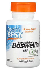 Doctor's Best Boswellia with UC-II supplement bottle, promoting joint health with 60 veggie capsules.