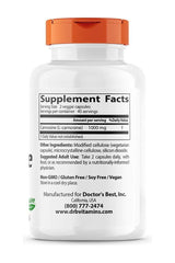 Doctor's Best Carnosine supplement bottle showing serving facts and ingredients, featuring 90 veggie capsules.
