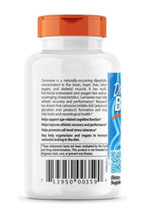 Doctor's Best Carnosine 500 mg bottle showing benefits for cognitive support, recovery, and vegetarian nutrition.