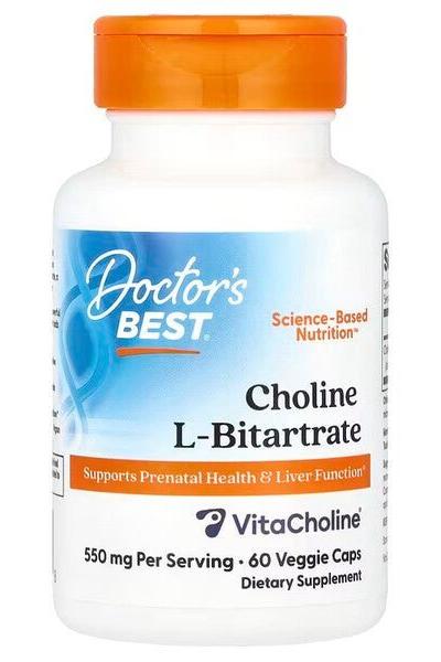 Doctor's Best Choline L-Bitartrate supplement bottle for prenatal health and liver function, 60 veggie caps.