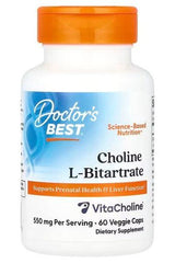 Doctor's Best Choline L-Bitartrate supplement bottle for prenatal health and liver function, 60 veggie caps.
