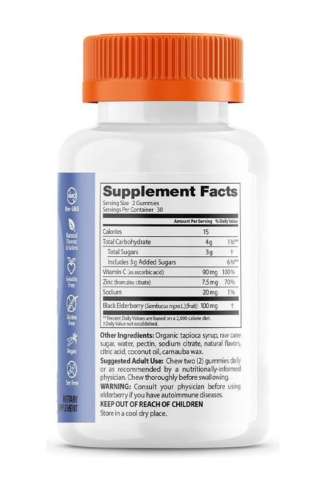 Supplement facts for Doctor's Best Elderberry Gummies showing nutrients and serving size. Supplement facts for Doctor's Best Elderberry Gummies showing nutrients and serving size.