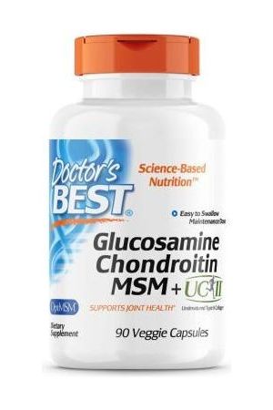 Doctor's Best Glucosamine Chondroitin MSM + UC-II dietary supplement, 90 easy-to-swallow veggie capsules.