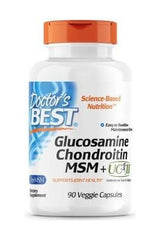 Doctor's Best Glucosamine Chondroitin MSM + UC-II dietary supplement, 90 easy-to-swallow veggie capsules.